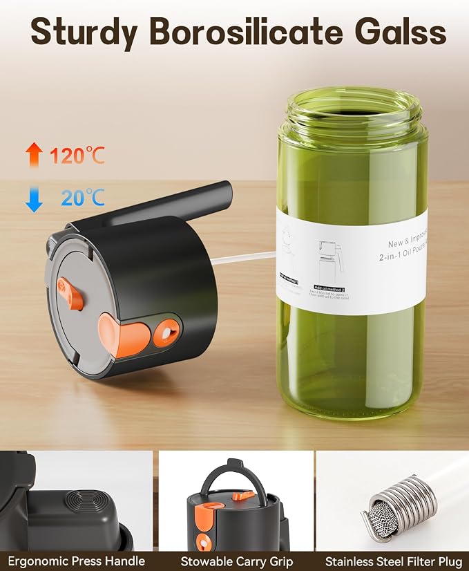 Olive Oil Sprayer & Dispenser for Cooking, 17oz Dark Glass Oil Mister, 2PC | 2-in-1 Sprayer & Pourer, Leakproof, Fine mist, Light-Blocking, Wide Mouth for Easy Refill & Clean, 8 Oil Labels, Reusable