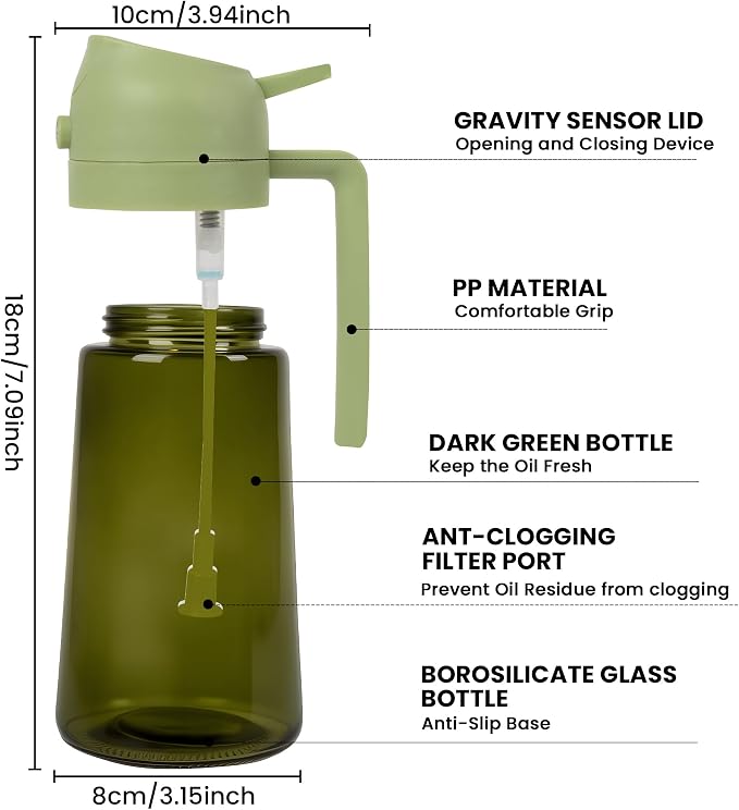 Oil Dispenser Glass Bottle, 16oz/470ml, 2 in 1 Oil Sprayer and Pourer, Light-Blocking Dark Glass, for Cooking, Air Fryer, Salad, BBQ (Green)