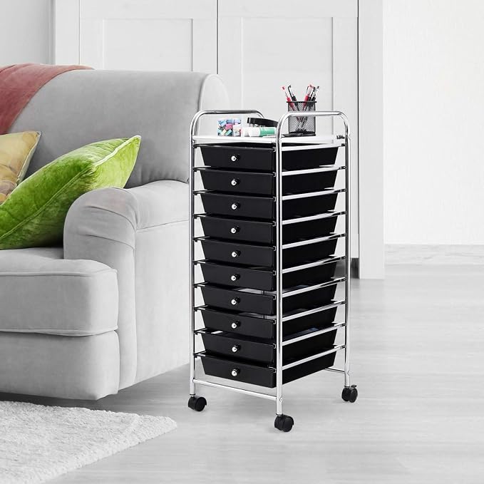 Happygrill 10-Drawer Storage Cart, Utility Cart with Removable Drawers & Metal Frame, Rolling Storage Cart with Lockable Wheels for Home, Office, Black