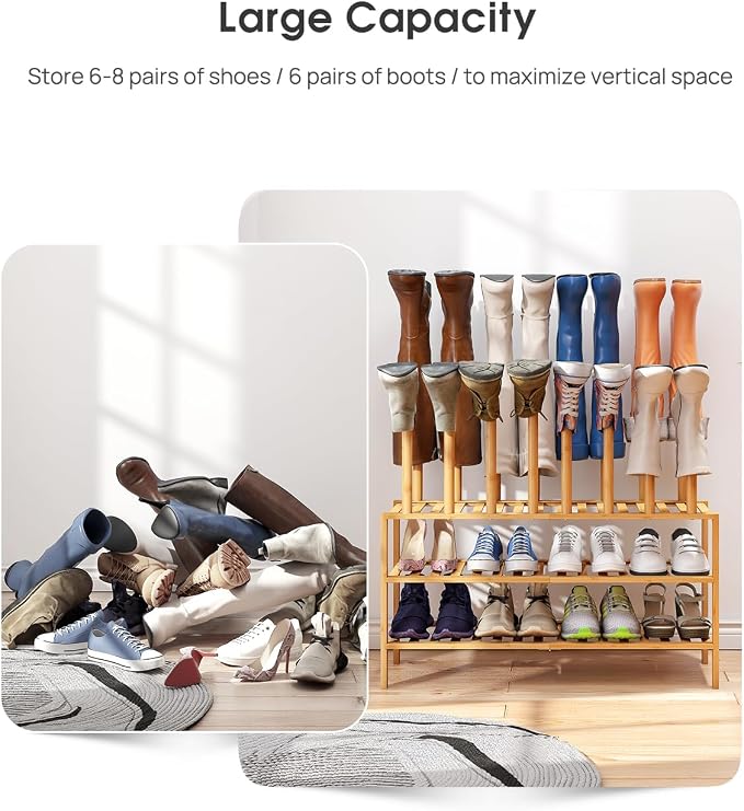 viewcare Boot Rack with Shoe Rack, Long Boot Rack Organizer Tall Boots for Closet, Bamboo Wood Shoe Shelf Storage Organizer for Entryway Small Space