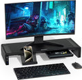 OImaster Adjustable Monitor Stand Riser with Drawer - Foldable Computer Stand for Desk, Desktop Organizer with Phone Holder & Pen Slot, Space Saving Laptop Riser for Home Office, Black