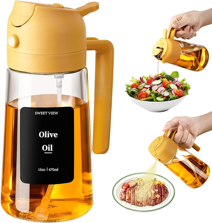 SWEET VIEW Oil Sprayer for Cooking 16oz/470ml | Glass Oil Dispenser/Pour Bottle, Kitchen Accessories, Kitchen Gadgets for Air Fryer, Salad, BBQ, with Stickers (Yellow)