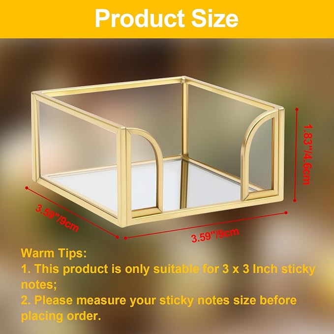 Glass Sticky Note Holder, Gold Post It Note Dispenser for Desk,3 x 3 Inch Post It Note Holder,Stylish Sticky Note Dispenser for Home Office Desk