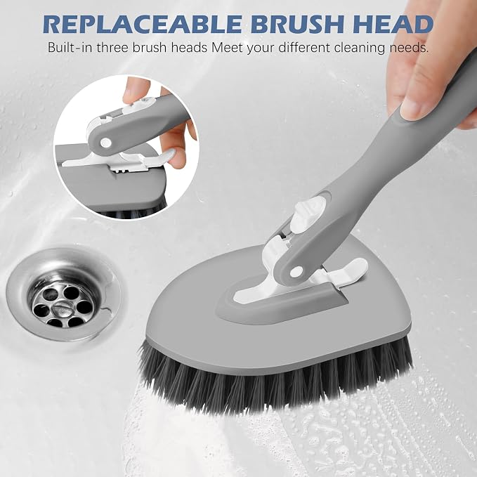 SetSail Tile Tub Scrubber Brush 3-in-1 Shower Scrubber with Adjustable Long Handle Shower Cleaner Brush and 3 Detachable Replacement Brush Heads for Cleaning Bathroom Kitchen Walls Tub Tile,Grey