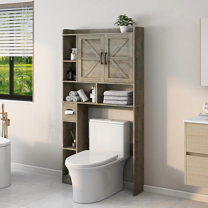 Vabches Over The Toilet Storage Cabinet with 2 Barn Doors, Grey | Farmhouse Storage Cabinet with Toilet Paper Holder Stand，Home Space-Saving Toilet Rack, for Bathroom, Restroom, Laundry