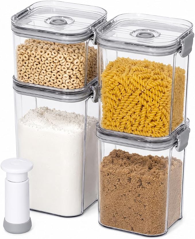alaboom 4-Piece Airtight Vacuum Food Storage Containers with Hand Pump, Reusable Leak-Proof Plastic Canisters for Longer Freshness (1.43 QT, 0.95 QT*2, 0.41 QT)