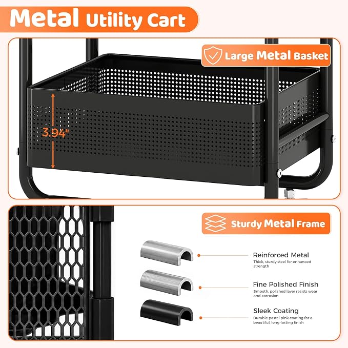 Metal Rolling Storage Cart with 3 Drawers - Utility Cart on Wheels with Pegboard & Wood Tabletop, Multifunctional Trolley Organizer with Hooks & Bin for Living Room,Bedroom,Craft Room,Office,Kids Room