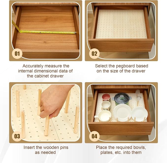 3 Pcs Wood Pegboard Drawer Organizer(Natural Wood,21 x 5.91 Inch,Pine) | with 32 Pegs, Wooden Peg Board Drawer Shelf Organizer, Adjustable, Kitchen Dishes Plate Pot Container Cookware Utensil