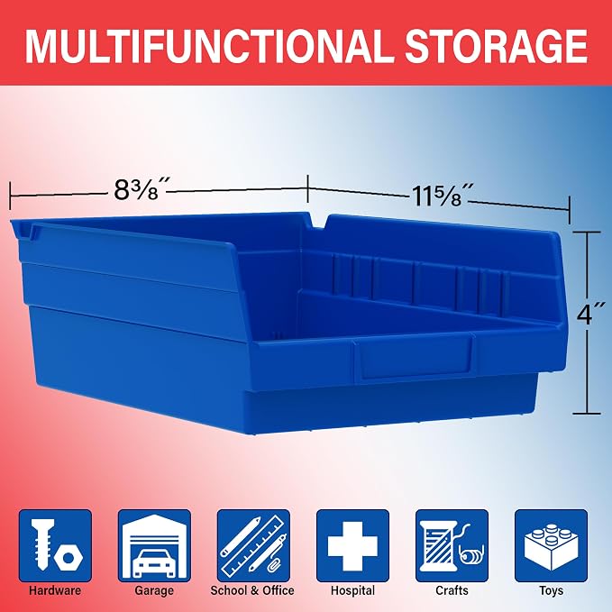 Akro-Mils 30150 Plastic Shelf Bins, Heavy Duty Storage Bins for Garage, Closet, and Drawer Organization, 12" x 8" x 4", Red, 12-Pack