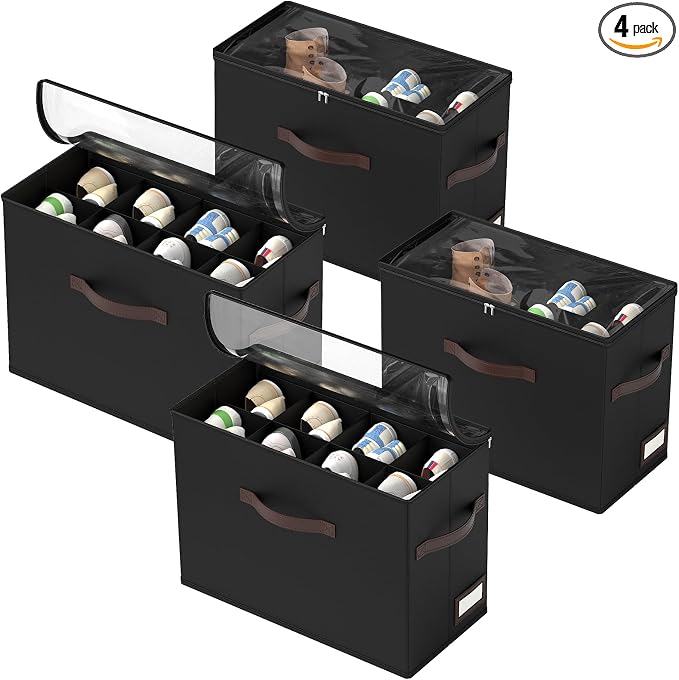 OIAHOMY 4 Pack Shoe Organizer for Closet, Foldable Shoe Storage Bins with Adjustable Dividers, Stackable Oxford Cloth Sneaker Boxes for Entryway Bedroom, Fits Up to 32 Pairs, Black