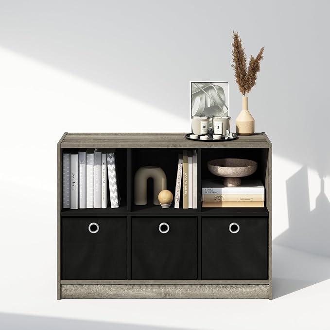 Furinno Cubic Closet Organizers and Storage, 6-Cube Closet Organizer with Bins, Open Shelf Storage, for Wardrobe, Bedroom, Living Room, French Oak/Black