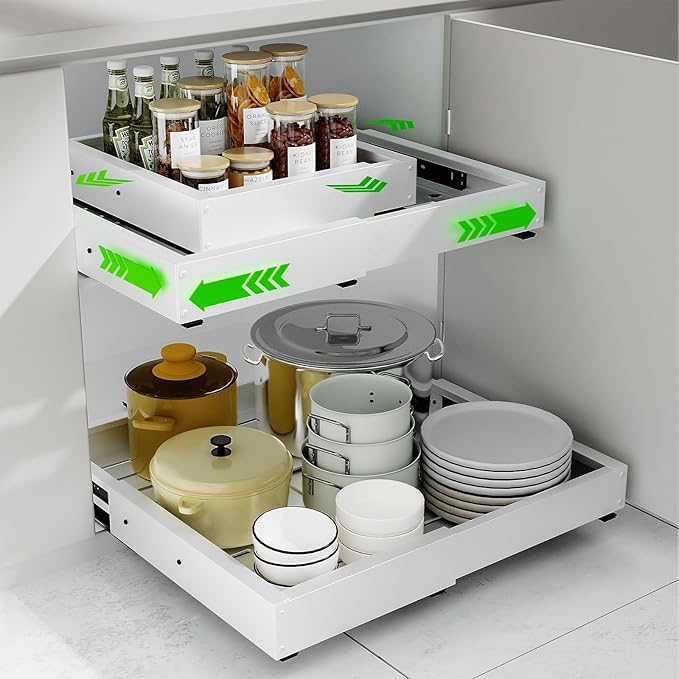 Expandable Pull Out Cabinet Organizer, Adjustable Width 12"-19" & Depth 16.5"-22", 4-Side Extension, 5 Slide Rails for Heavy Duty Use, Adhesive Roll Out Shelves for Kitchen Cabinets, White 1PCS