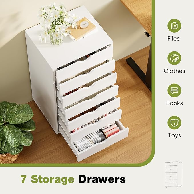 Sweetcrispy 7 Drawer Rolling Storage Cabinet, Wood Under Desk Mobile Dresser with Wheels, Small Organizer Chest for Home Office, Bedroom, Rolling Vertical Organizer for Home Office, White