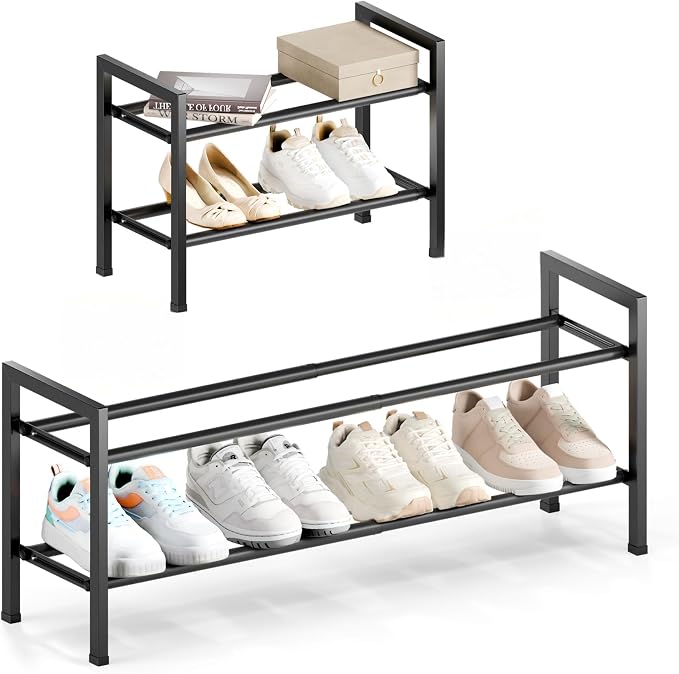 Bumusty 2 Tier Expandable Shoe Rack for Closet, 18“-33” Adjustable Shoe Rack for Small Space, Small Shoe Organizer for Front Door, Sturdy Metal, Black