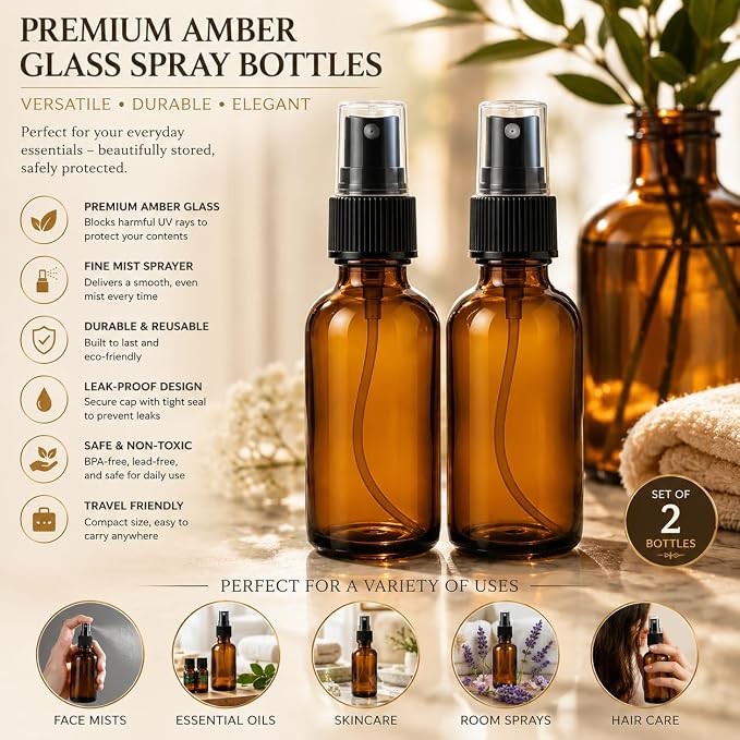 2 Oz (Pack of 2) Amber Glass Spray Bottles BPA Free | Tincture Bottle With Measured Spray, Leakproof Essential Oils Bottles For Health, Personal Care & Beauty