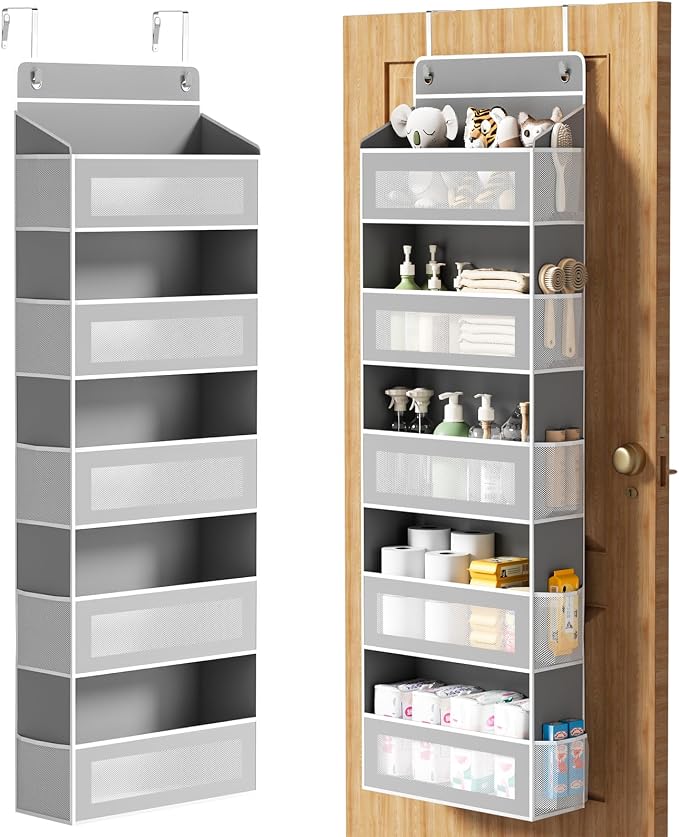 Over The Door Organizer, Over the Door Storage with 5 Large 10 Side Pockets, Hanging Door Organizer 44 lb Load Behind Door Storage, Hanging Shelf for Closet Wall Bedroom Bathroom Nursery, 5-Tier Grey
