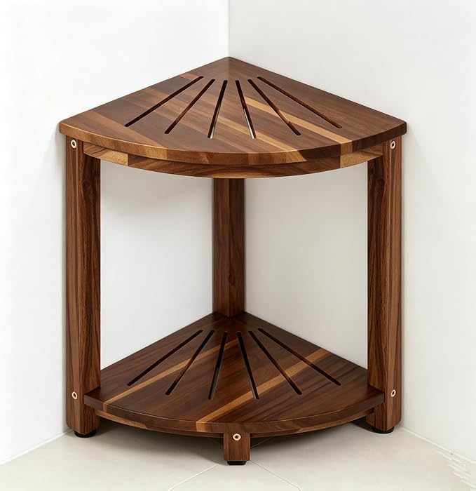 Bathroom Corner Shower Stool with Storage Shelf, Footrest for Shaving Legs, Sitting, Storage, Sturdy Bathroom Organizer for Shower, Kitchen, Living Room, Large Fan Shape–Acacia Wood