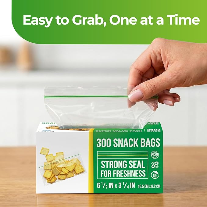 Snack Bags – 300 Count Resealable Extra Strong 2 Mil Leak Proof, Zipper Snack Baggies, Plastic Snack Bags for Food Storage, 6 1/2" x 3 1/4"