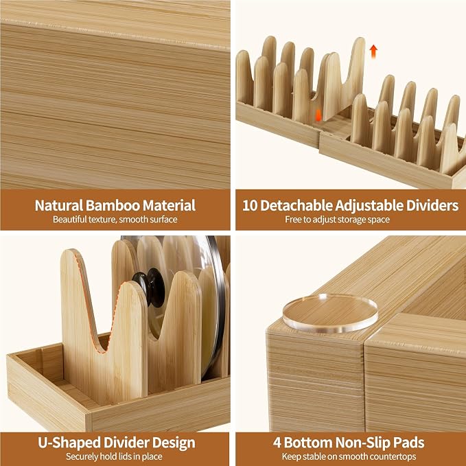 Housolution Bamboo Pot and Pan Organizer for Cabinet, 15"-29" Expandable Pot Lid Organizer with 10 Adjustable Dividers, Pan Holder Storage Rack with Solid Bamboo Wooden Base, 2 Pack
