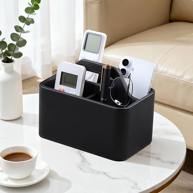 PU Leather Remote Control Holder, Desk Caddy Organizer with Handle Beige | 3 Compartments Portable Remote Organizer, Remote Caddy Bedside Holder for Office Storage Supply Organizer