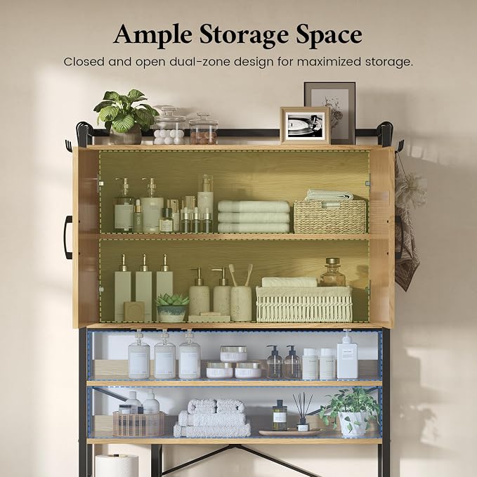 Over the Toilet Storage Cabinet with Doors, 2 Large Drawers & 6 Hooks, Over the Toilet Organizer with Toilet Paper Holder, Over the Toilet Storage for Bathroom, Laundry Room, Natural
