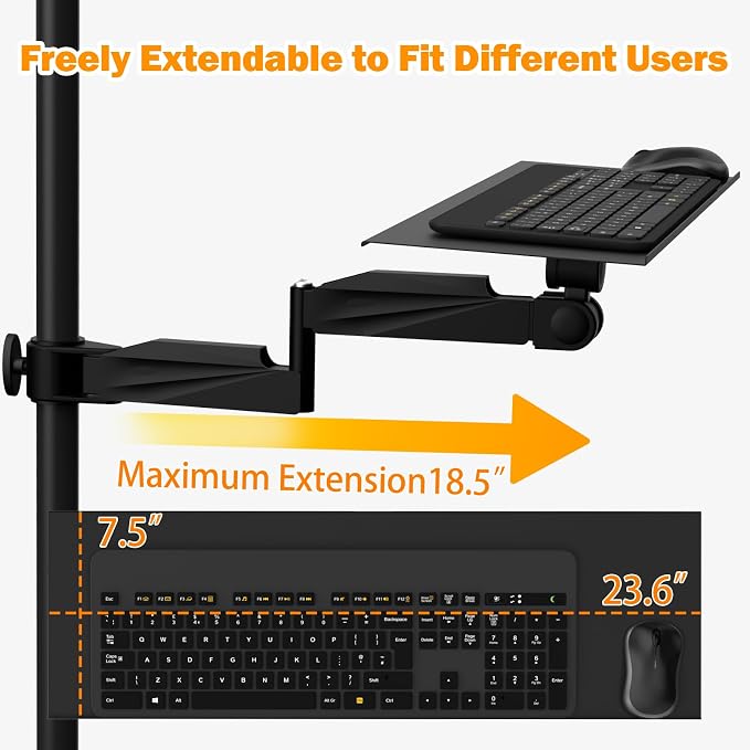 Keyboard Tray Wall Mount with Spring Arm, 23 Inch Keyboard and Mouse Platform, Height Adjustable Typing Stand, Wall Mount Holder for Laptop Desk Workstation, Home Office, Medical, Gaming (Pole)