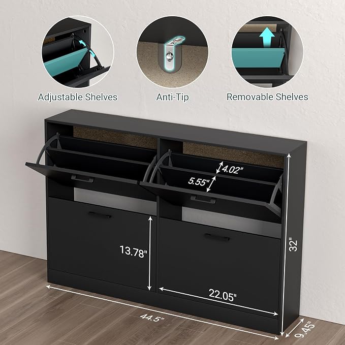 Shoe Cabinet with 4 Flip Drawers, Narrow Freestanding Shoe Organizer, Hidden Slim Freestanding Shoe Storage Cabinet for Entryway,Hallway, Living Room, Black