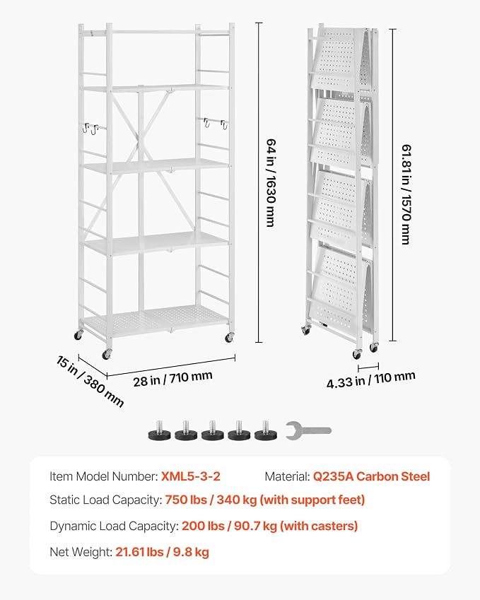 VEVOR 5-Tier Foldable Storage Shelf, 28 W x 15D x 64H Inch Folding Metal Rack Shelving Unit, No Assembly Organizer Shelf with 5 Wheels & 4 Hooks for Pantry, Kitchen, Garage, Basement, White