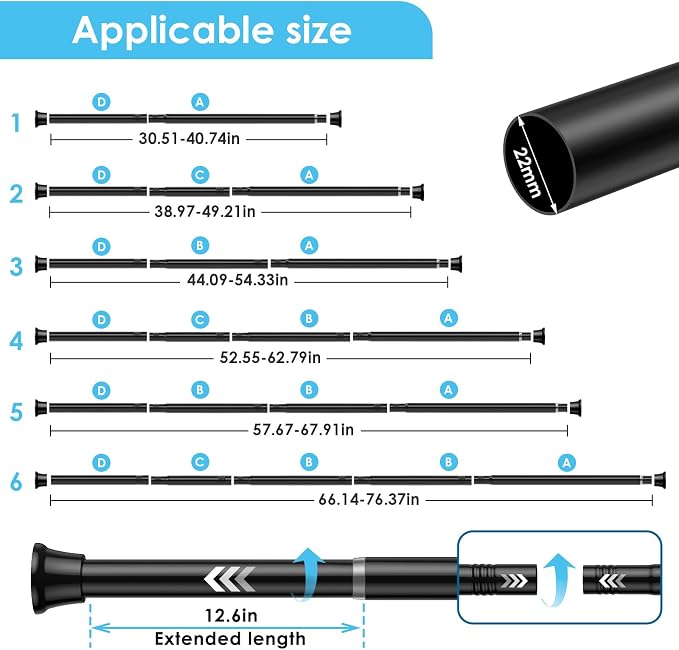 2Pcs Tension Curtain Rod 31 To 76 Inch Black Shower Curtain Rod No Drilling Adjustable Spring Loaded Curtain Rods 7/8"Diameter Shower Rods For Bathroom Windows Bedroom Closet Doorway Door