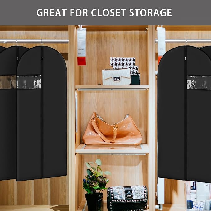 Kimmama Garment Bag for Hanging Cloth, Suit Protect Cover, 23.6" x 43.3" | PEVA Clothes Cover, For Suit, Shirt, Coats, Kids Dress, Clear Windows, Dustproof, Mosquito-Proof, Keep Dry, Black