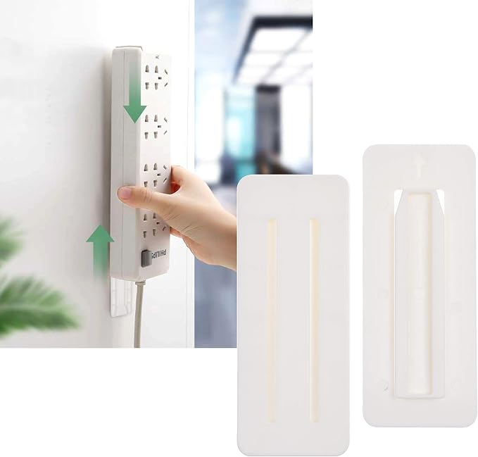 Self Adhesive Power Strip Holder 10 Pack - No Drill Extension Block Wall Mount Fixator - Easy to Install Sliding Design - for Home, Kitchen, Office - Attaches to Wood, Plastic, Metal, Ceramic