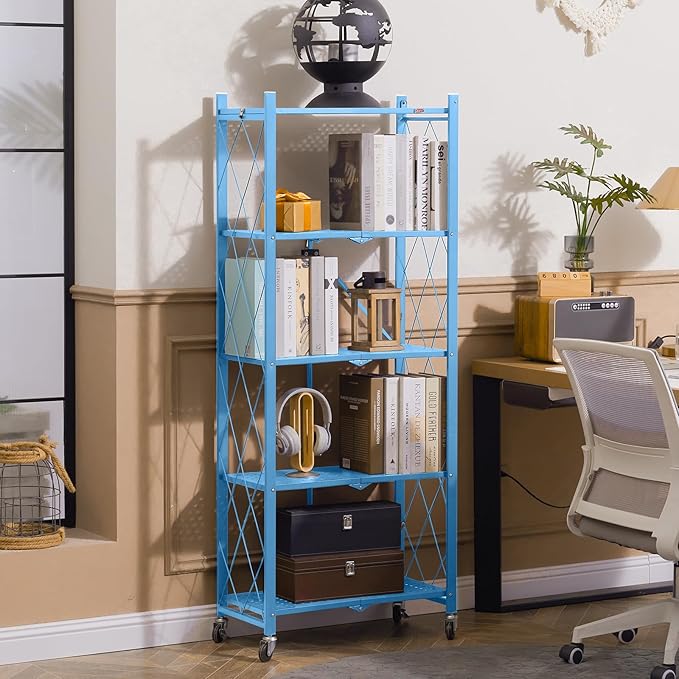 DEANIC 5-Shelf Folding Bookcase with Wheels, Heavy Duty Storage Shelves, Freestanding Metal Wire Shelving Unit for Living Room, Office, Kitchen, Basement, Pantry(Blue)