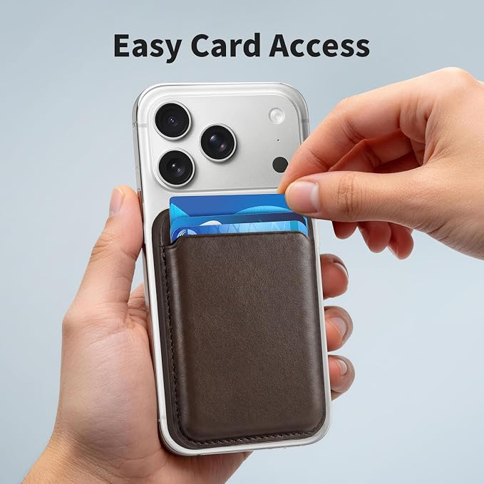 Magnetic Wallet Phone Card Holder for Phone Case with Mag-Safe, Stronger Magnetic RFID Leather Phone Wallet Stick on Series of iPhone 17/16/15/14/13/12 and Pro/Promax, Dark Brown