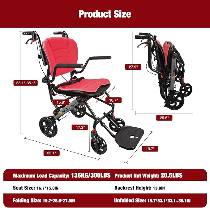 Wheelchairs for Adults,Transport Wheelchair Lightweight Foldable with Removable Cushion,Transport Chair,Ergonomic Travel Wheelchair with Telescopic Handle,Gifts for Grandma,Red
