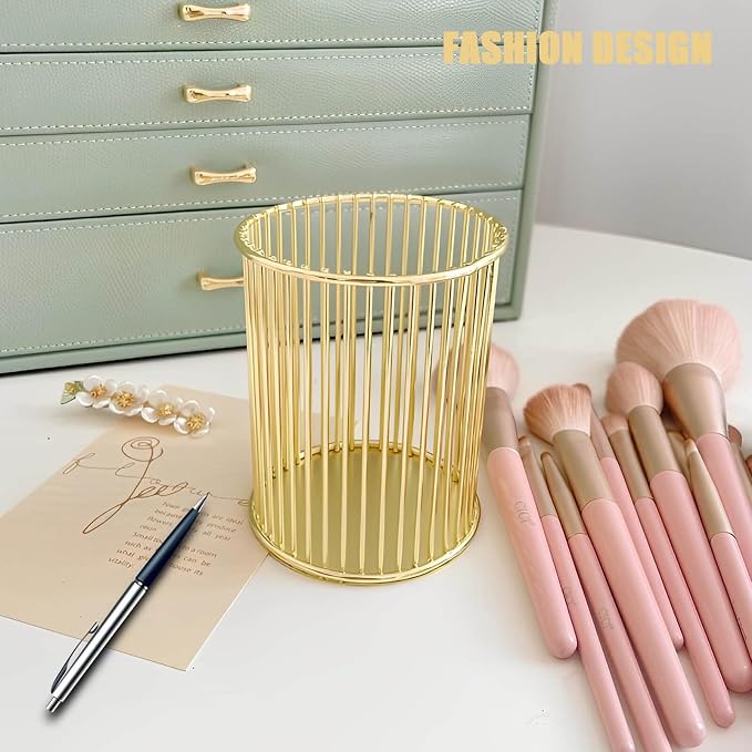 Gold Pen Holder for Desk, Metal Pencil Holders Makeup Brushes Cup for Preppy Room Decor Office Home Bedroom School Organizer Toothbrush Holder Gold Decor Aesthetic Gift Accessories