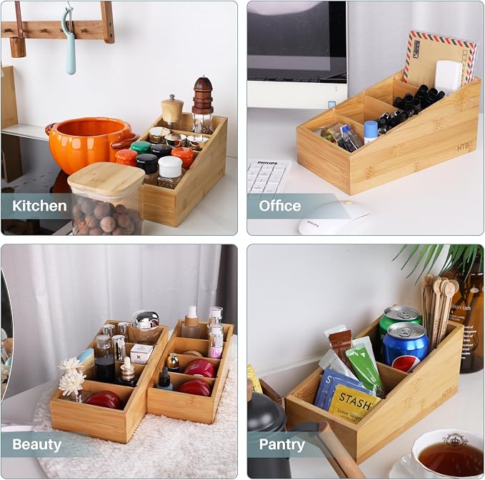 HTB 4-Section Snack Organizer with Removable Dividers for Kitchen 2 Pack | Bamboo Pantry Storage Organization for Spice Packets, Seasoning Pouches, Coffee Pods,Food,Drawer Countertop,Easy Access