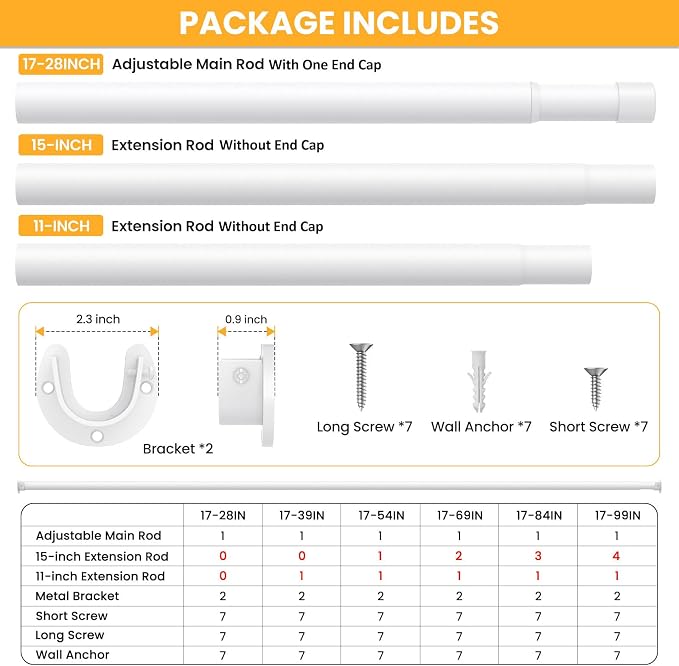 2 Pack Closet Rods for Hanging Clothes, 17-69 Inch No-Cut Stepless Adjustable Closet Rod, 1.3 Inch Heavy Duty Metal Closet Hanging Rod with Brackets, White Closet Bar for Closet, Laundry Room, RV