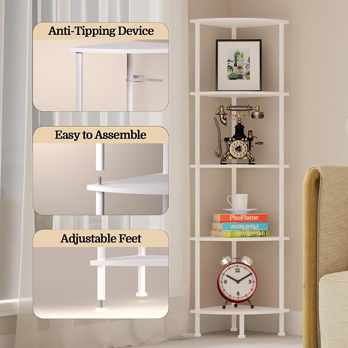 5-Tier Corner Shelf Stand, 52" Industrial Corner Display Rack for Living Room, Bookshelf, Tall Display Shelf, Plant Stand, Storage Standing Shelf for Bedroom, Bathroom, Kitchen, White