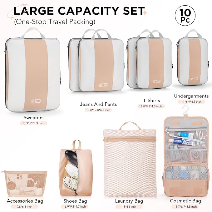 OlarHike 10 Set Compression Packing Cubes for Travel Essentials,Compressible Expandable Space Saver Bags for Organizing Clothes,Luggage Suitcase Garment Bags with Over 1000 pcs Mesh Holes(Gold)