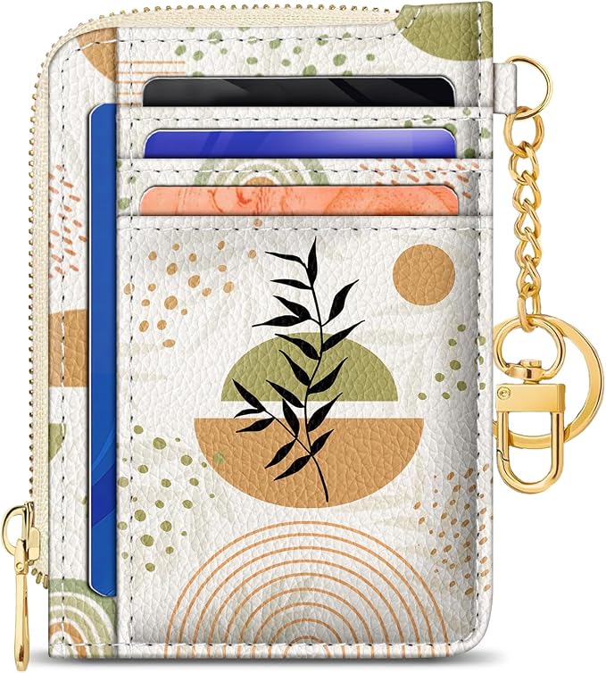 GIANCOMICS Slim Wallet Credit Card Holder Women, Abstract Leaf Rfid Blocking Small Card Case, Keychain Thin Pocket Curved Zipper Wallet, Travel Card Holder PU Leather ID Window, Ladies Female Gifts