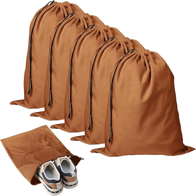 5 Pack Shoe Bags for Travel, Washable Dust Bags for Storage & Packing 17.7" x 13.8" Dustproof Shoe Bags Duster Flannel Shoes Storage with Drawstring Closure for Boots Handbags Shoes & Toys (Brown)