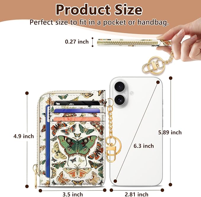 GIANCOMICS Slim Wallet Credit Card Holder Women, Butterfly Rfid Blocking Small Card Case, Keychain Thin Pocket Curved Zipper Wallet, Travel Card Holder PU Leather ID Window, Ladies Female Gifts