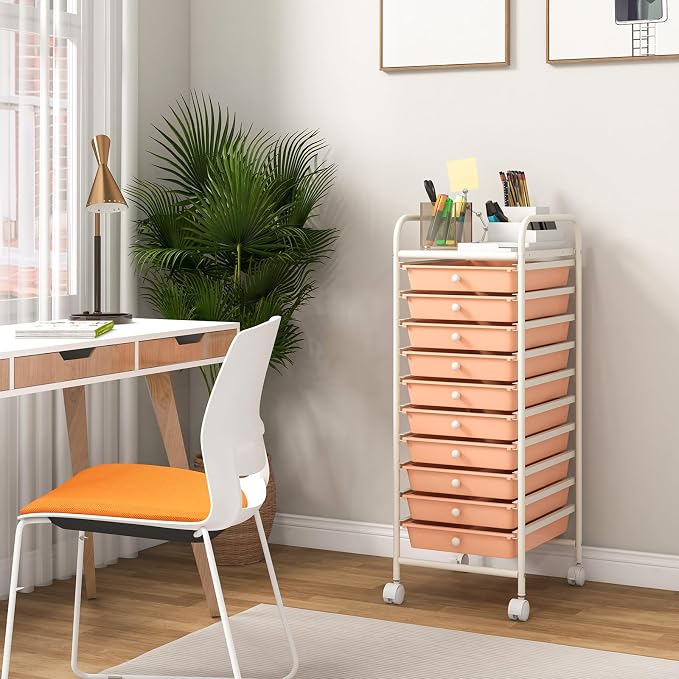 COSTWAY 10-Drawer Rolling Storage Cart, Utility Mobile Trolley | Removable Drawers & Universal Casters & 2 Brakes, Versatile Flexible Drawer Organizer Cart for Home, Office (Peach)