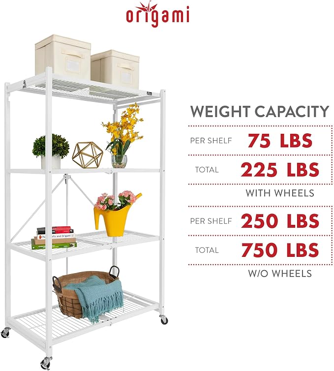Origami R5 4-Shelf Heavy-Duty Folding Storage Rack, White - Large Foldable Metal Shelving Unit with Wheels for Garage, Pantry, Basement, Laundry Room or Warehouse