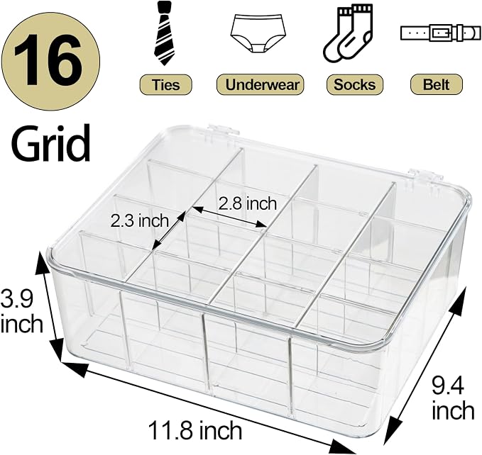 ZEXALOR Socks Underwear Drawer Organzier Dividers, 16 Compartment Removable Divided Plastic Storage Bin with Lid, Storage Organizer for Scarves Ties Bras, Clear Dresser Drawer Organizers
