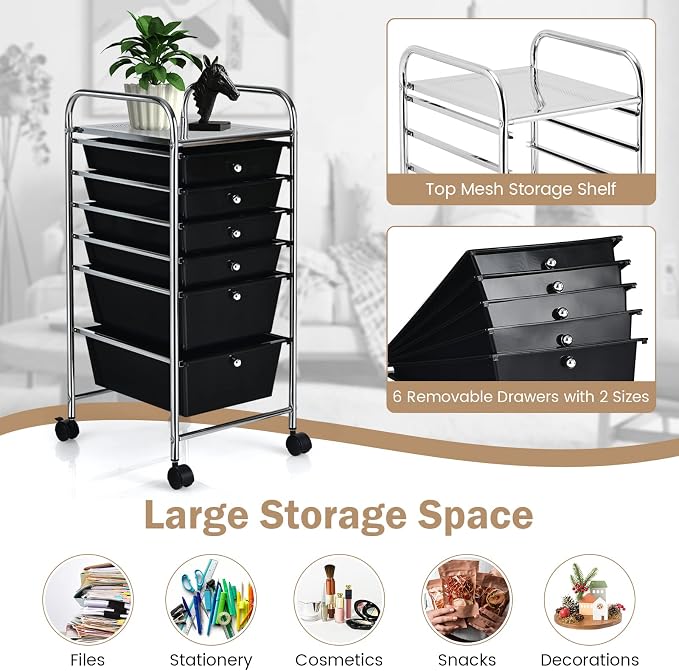 DREAMADE Rolling Cart with Storage Drawers, Utility Cart with Removable Plastic Drawers, Lockable Wheels, Art Cart for Classroom Organization Art Supplies Office Scrapbook (6 Drawers, Black)