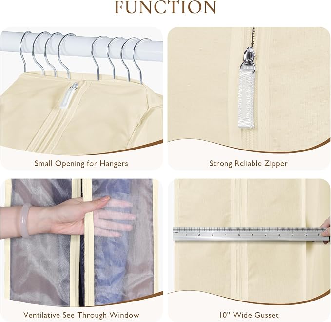 Univivi Premium Cotton Garment Bags for Hanging Clothes and Storage, 40 Inch Washable Suit Cover Bag with Extra Large 10" Gusset & Clear Window - Perfect for Suits, Coats, Jackets - 2 Pack, Beige