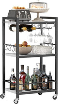 TUTOTAK Bar Cart with Wheels, Drink Cart with Wine Rack and Glass Holder | 3-Tier 17 Inch Wide Home Bar Serving Carts, Small Mobile Kitchen Shelf with 6 Hooks, Marble White BC01BM032