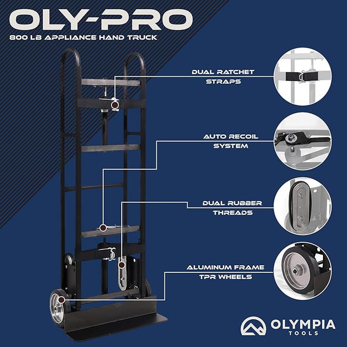 Olympia Tools 800LB Auto-Recoil Appliance Hand Truck - Moving Hand Truck with Easy-to-use Belt Tightener for Transport Large/Bulky Appliances Refrigerator Dolly - Heavy-Duty Furniture Dolly Trolley
