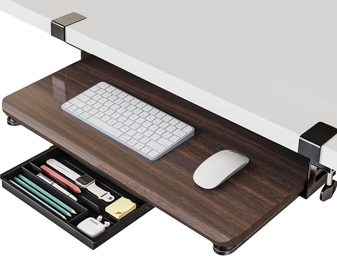 Fenge Keyboard Tray Under Desk, Pull Out Keyboard & Mouse Tray with C Clamp Mount, Sliding Keyboard Holder for Desk, 25.6 x 11.8 inch Large Slide-Out Platform Computer Drawer for Typing
